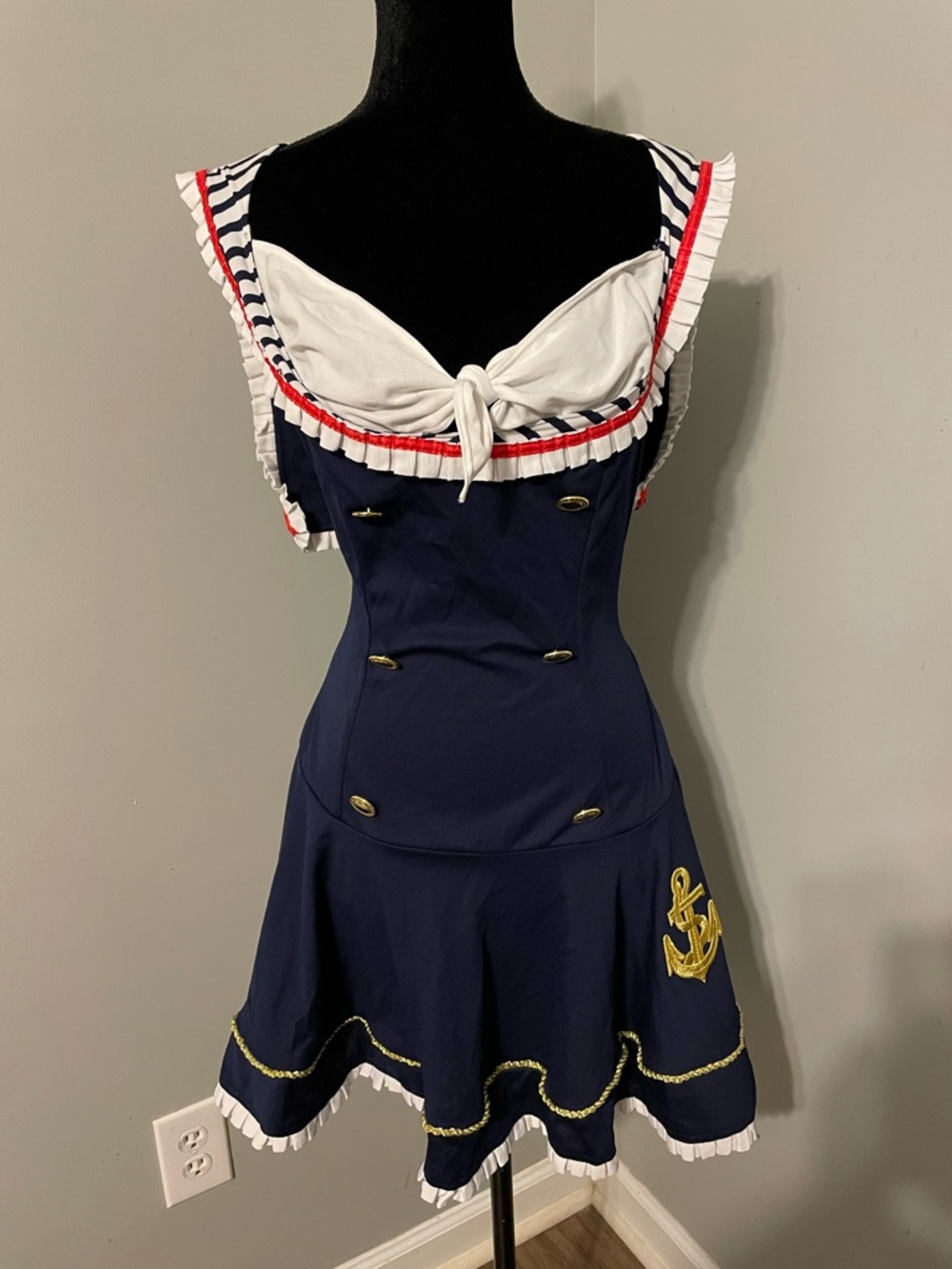 Spirit Halloween Navy Blue and White Nautical Sailor Costume with Gold Anchor - Picture 2 of 7